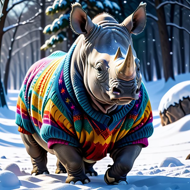 Image of a rhinoceros in a sweater in the snow