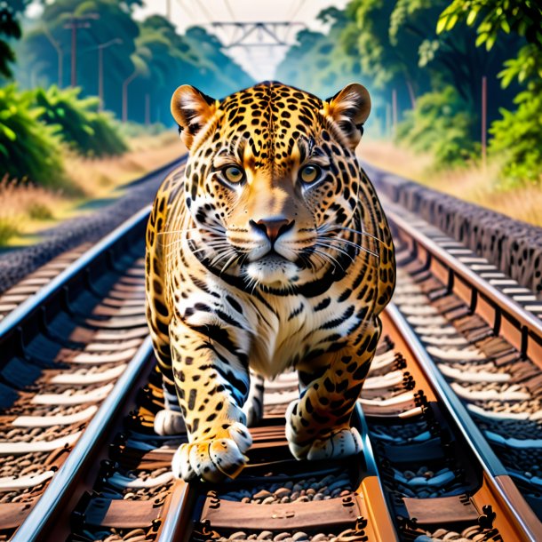 Picture of a jaguar in a belt on the railway tracks