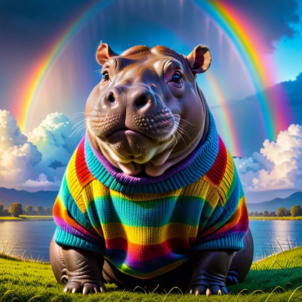 Image d'un hippopotame dans un pull sur l'arc-en-ciel