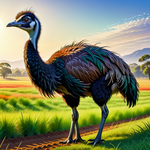 Drawing of a emu in a belt on the field