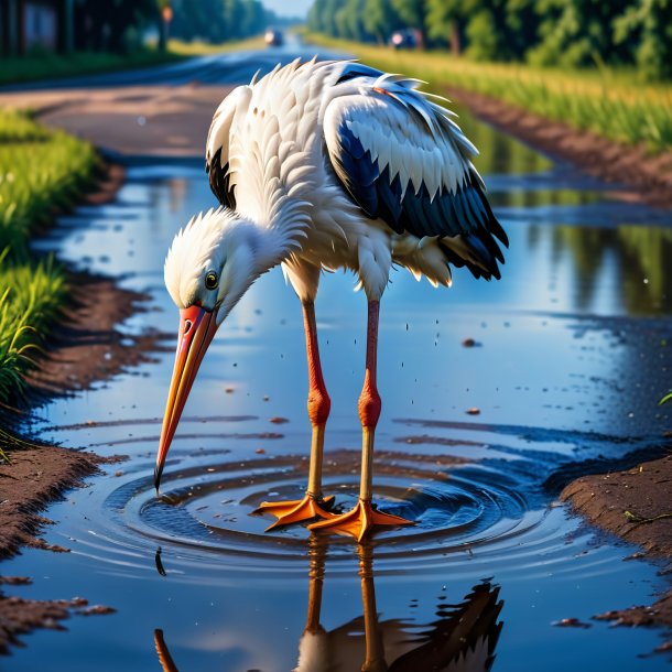 Foto de uma cegonha em um jeans na poça