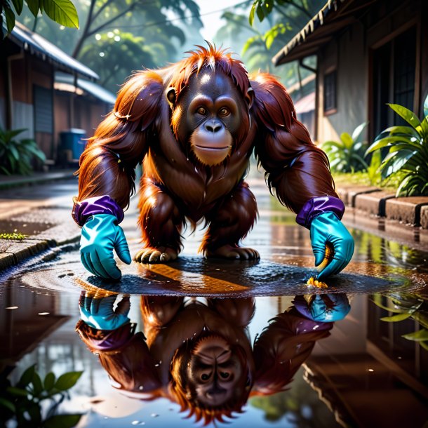 Image of a orangutan in a gloves in the puddle