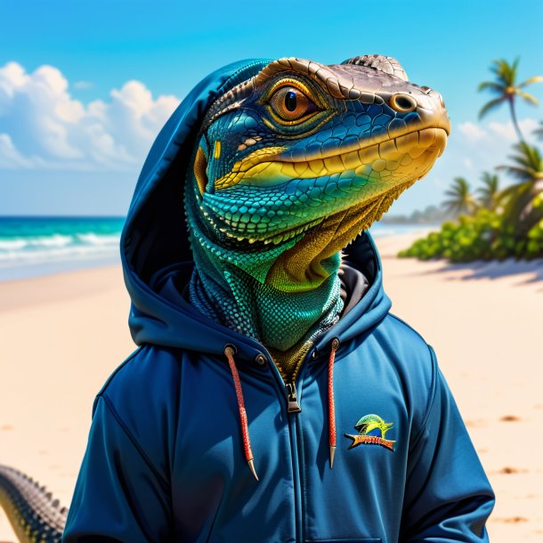 Image of a monitor lizard in a hoodie on the beach