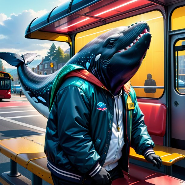 Dessin d'une baleine dans une veste sur l'arrêt de bus