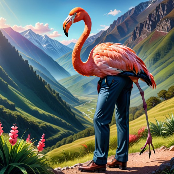 Drawing of a flamingo in a trousers in the mountains