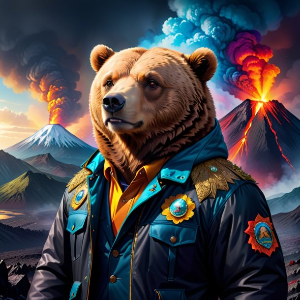 Illustration of a bear in a jacket in the volcano