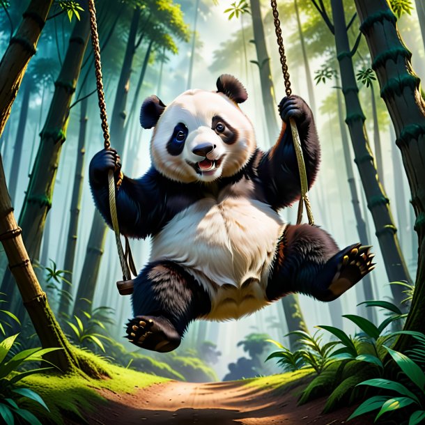 Imagen de un balanceo en un columpio de un panda gigante en el bosque