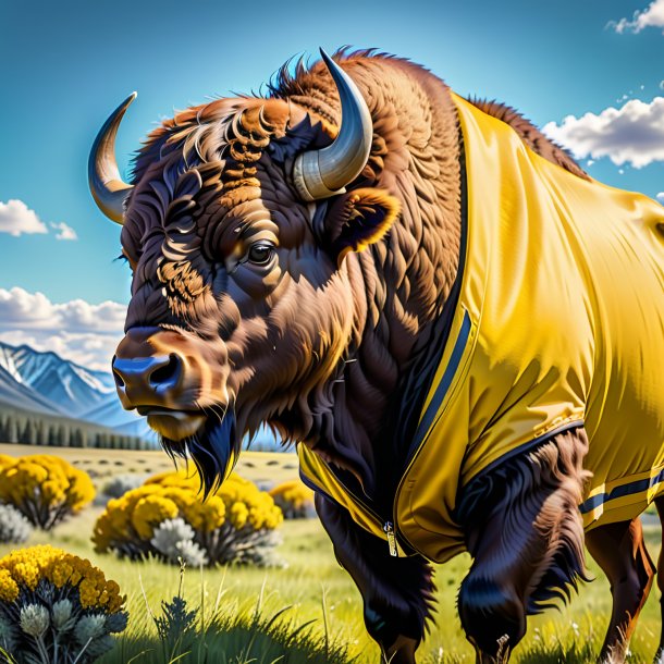 Picture of a bison in a yellow jacket