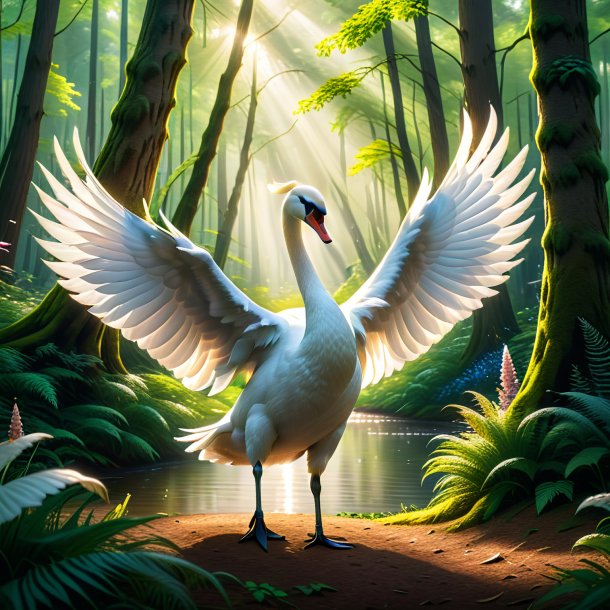 Pic of a dancing of a swan in the forest