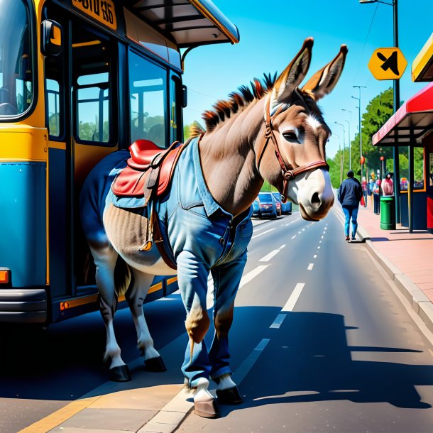 Imagem de um burro em um jeans no ponto de ônibus