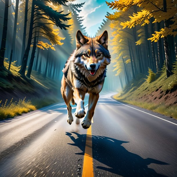 Pic of a jumping of a wolf on the road