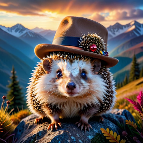 Pic of a hedgehog in a hat in the mountains