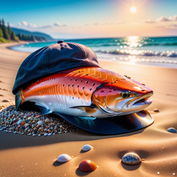 Photo of a salmon in a cap on the beach