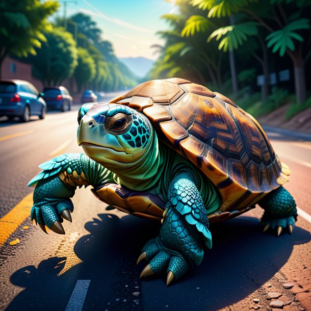 Illustration of a tortoise in a gloves on the road