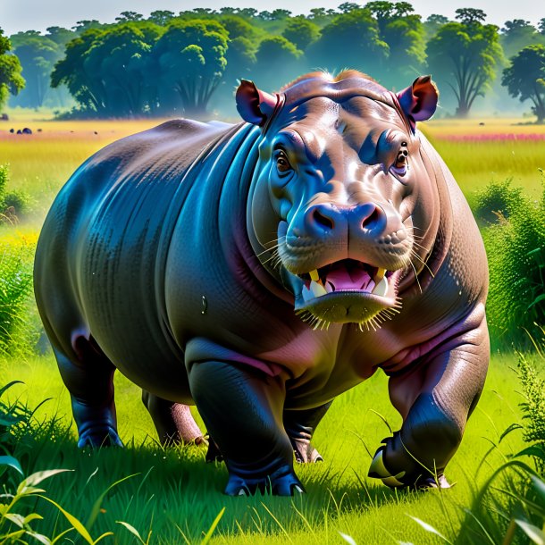 Pic of a threatening of a hippopotamus in the meadow