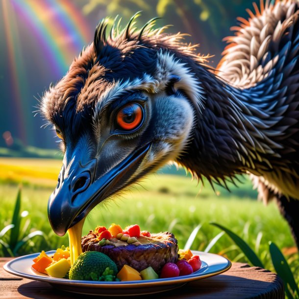 Foto de um comer de uma emu no arco-íris