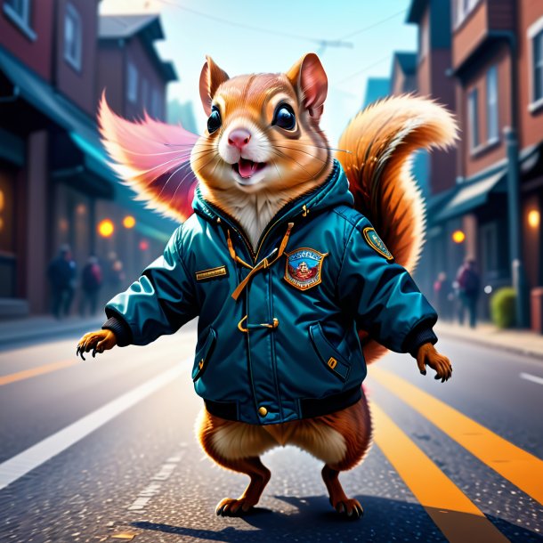 Illustration of a flying squirrel in a jacket on the road