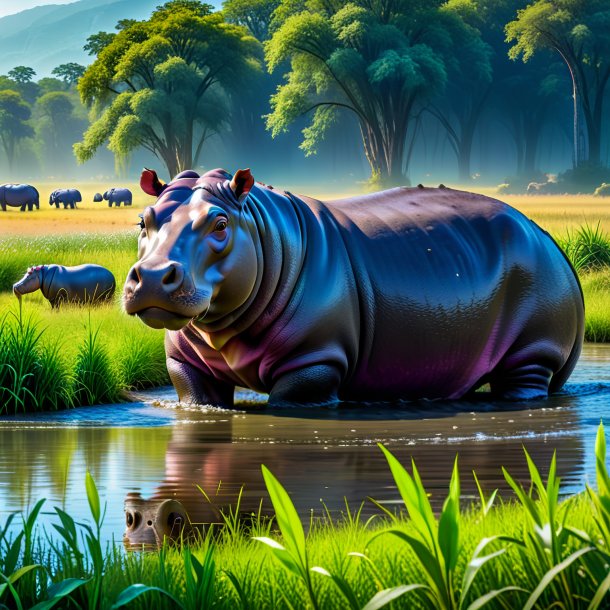 Picture of a waiting of a hippopotamus in the meadow