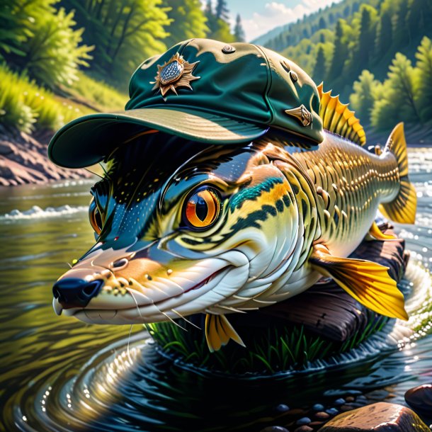 Image of a pike in a cap in the river