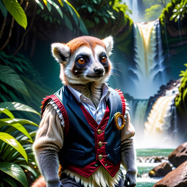 Pic of a lemur in a vest in the waterfall