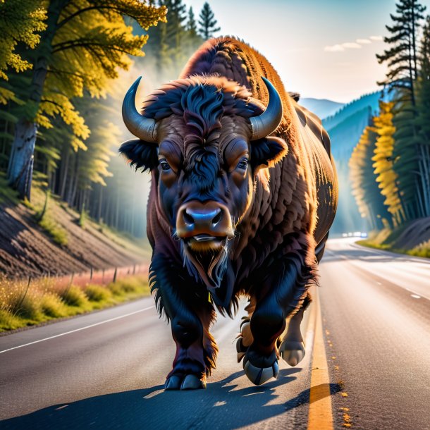 Pic of a threatening of a bison on the road