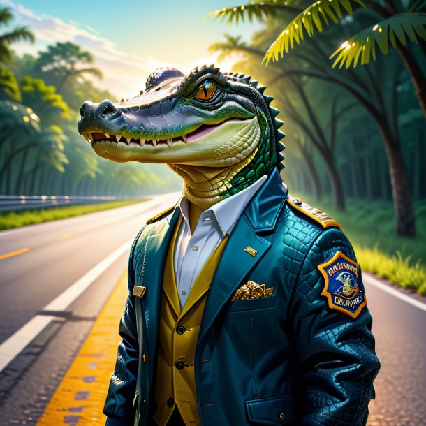 Illustration of a alligator in a jacket on the road