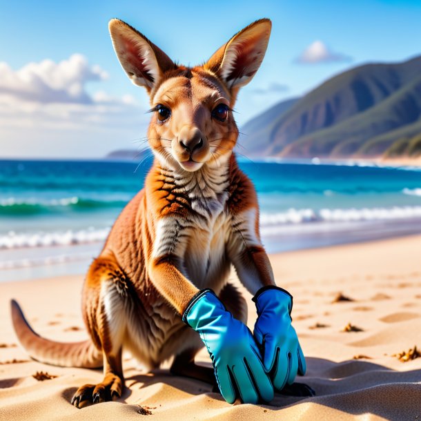 Foto de un canguro en guantes en la playa