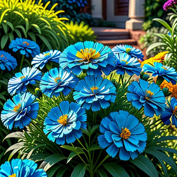 "depiction of a blue marigold, garden"