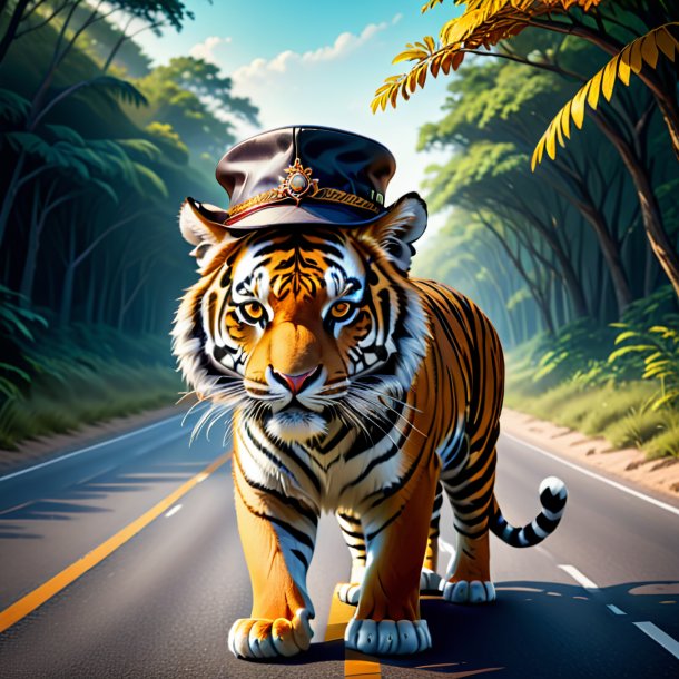 Illustration of a tiger in a hat on the road