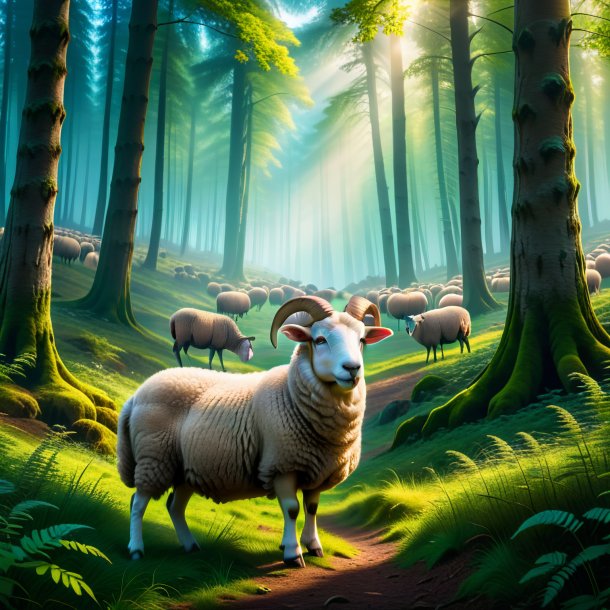 Picture of a waiting of a sheep in the forest