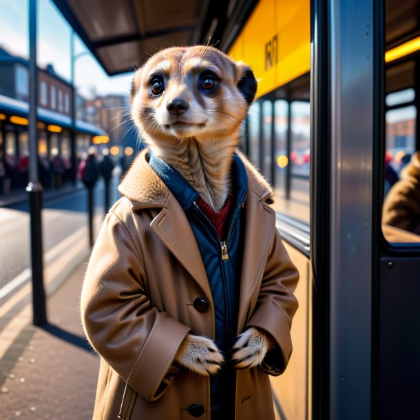 Foto de um meerkat em um casaco no ponto de ônibus