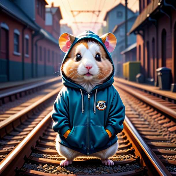 Ilustração de um hamster em um hoodie nos trilhos ferroviários