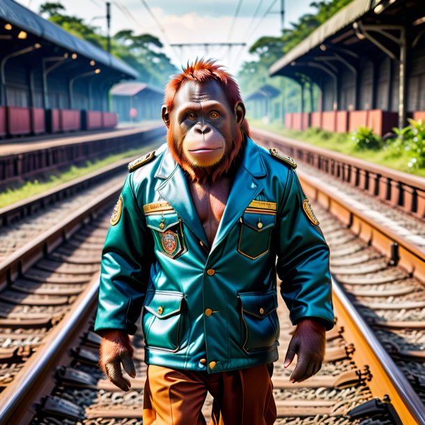 Photo of a orangutan in a jacket on the railway tracks