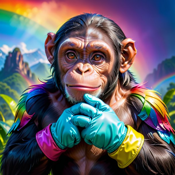 Foto de un chimpancé con guantes en el arco iris