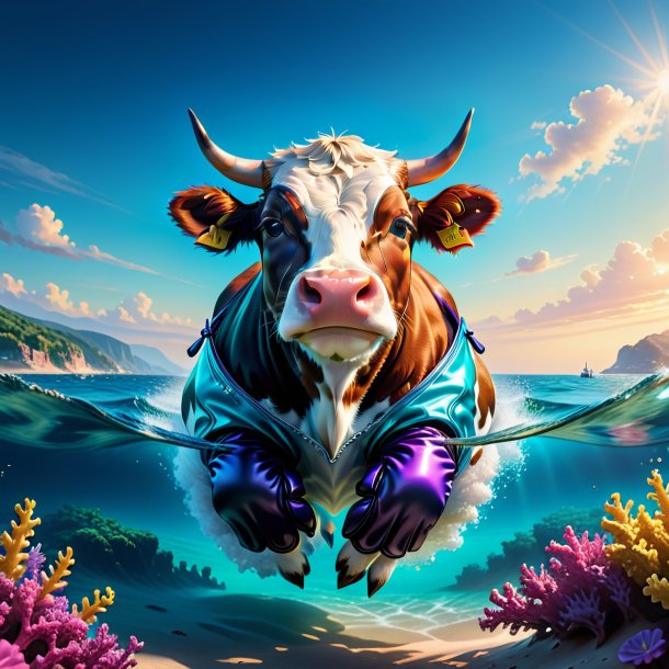 Illustration of a cow in a gloves in the sea