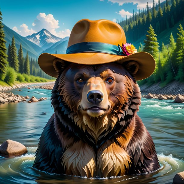 Image of a bear in a hat in the river