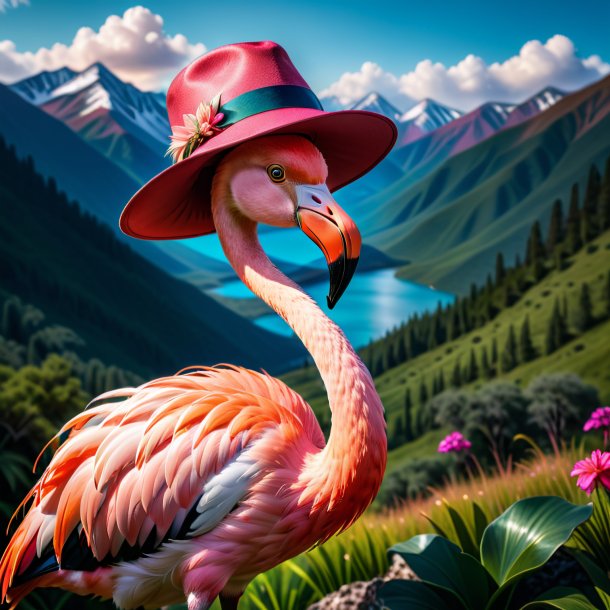 Photo of a flamingo in a hat in the mountains