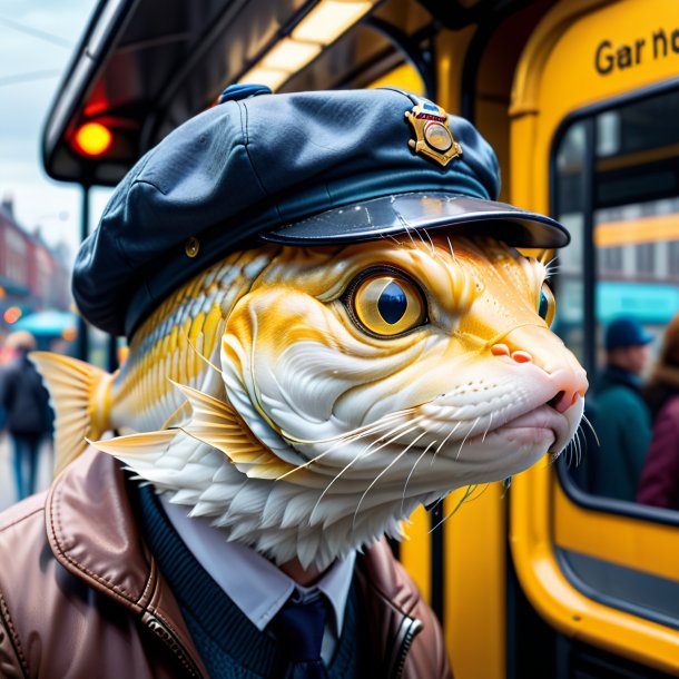 Image of a haddock in a cap on the bus stop