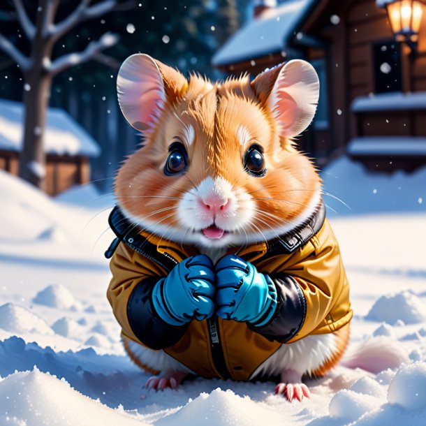 Drawing of a hamster in a gloves in the snow