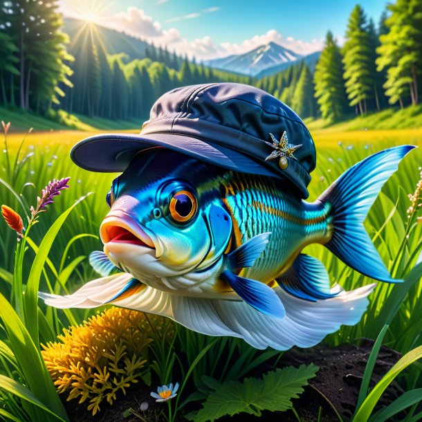 Pic of a fish in a cap in the meadow