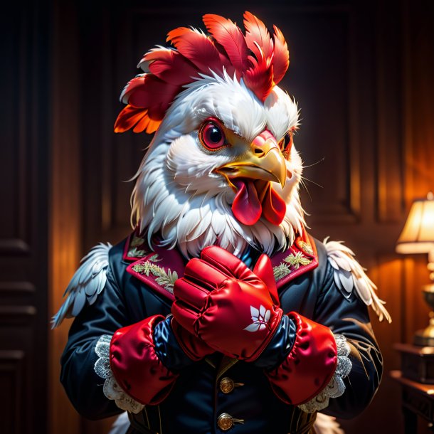 Pic of a hen in a red gloves