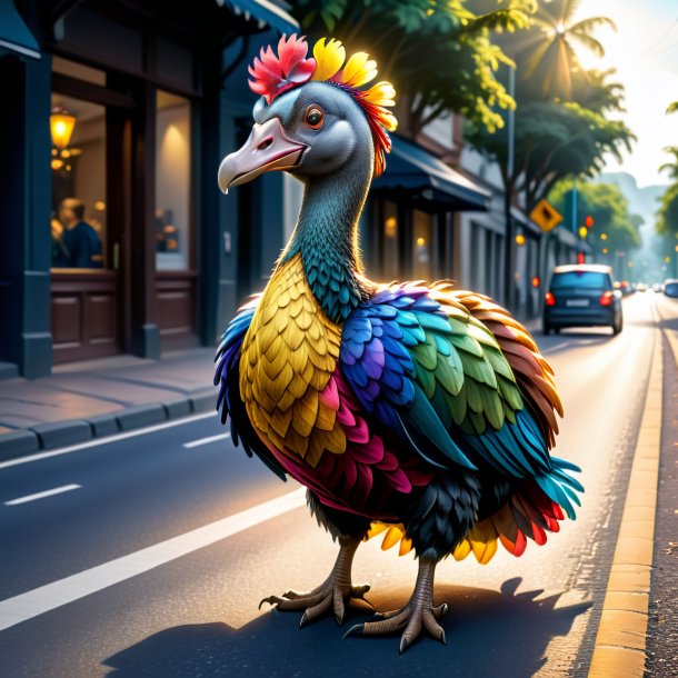 Drawing of a dodo in a skirt on the road