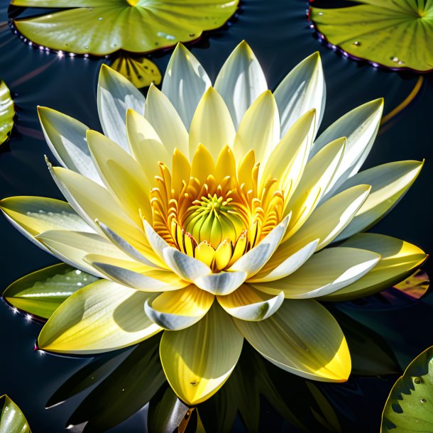 "fotografía de un lirio de agua de plata, amarillo"