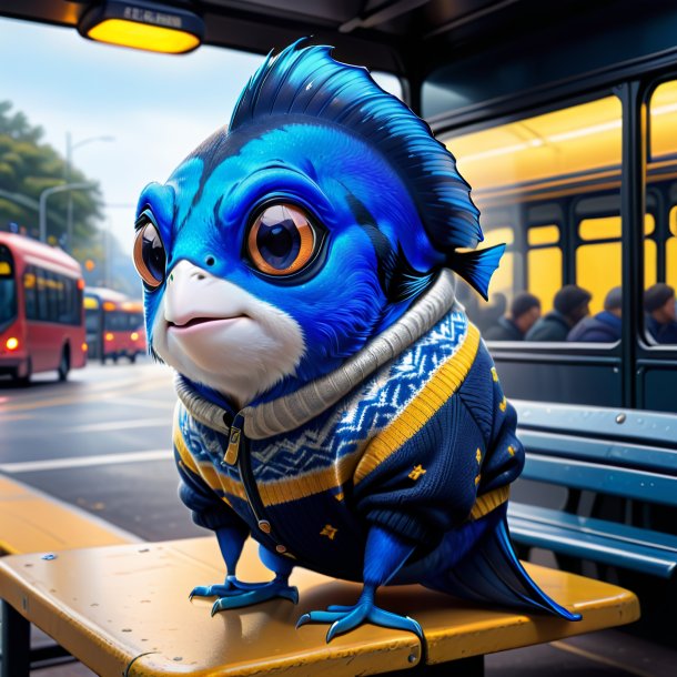 Desenho de um tang azul em um suéter no ponto de ônibus