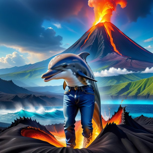 Picture of a dolphin in a jeans in the volcano