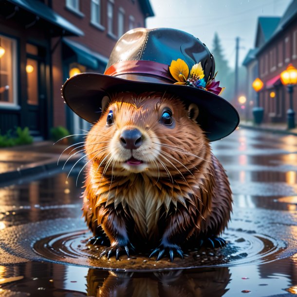 Picture of a beaver in a hat in the puddle