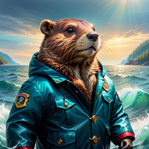 Drawing of a beaver in a jacket in the sea