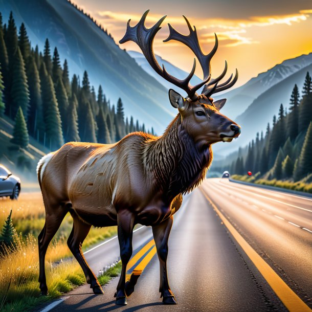 Image of a elk in a belt on the highway