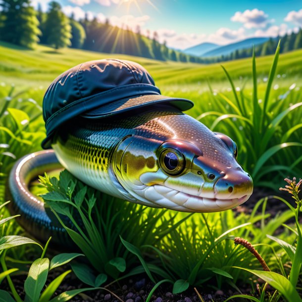 Photo of a eel in a cap in the meadow