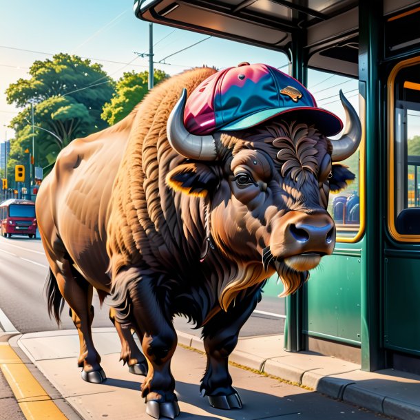 Drawing of a buffalo in a cap on the bus stop